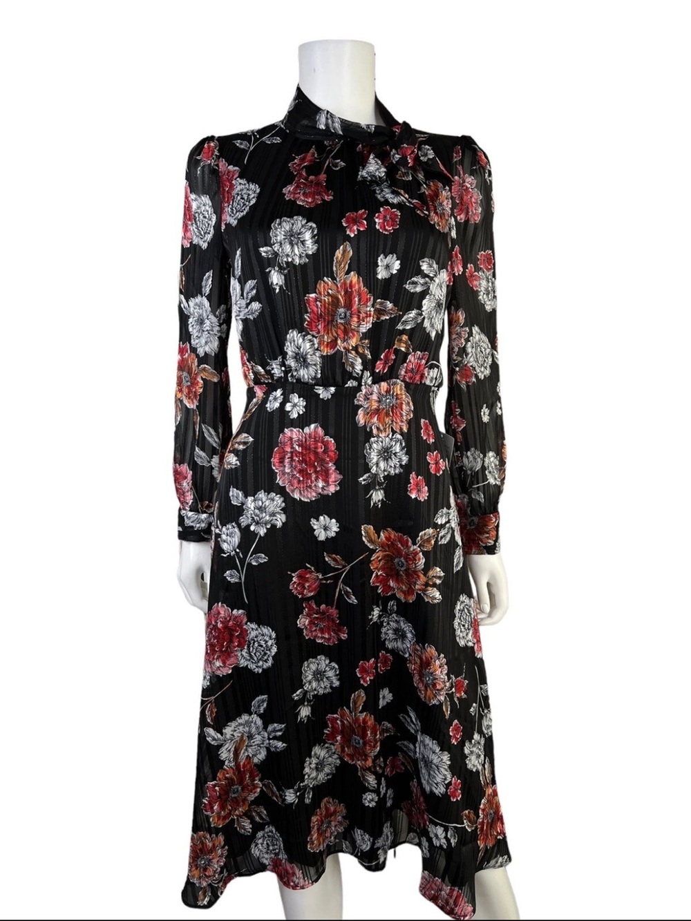 Maggy London Black Floral Silver Metallic Sz 8 Flare Dress NWT $148 Long Sleeve